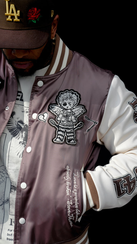 F U Kupid Black - Heartbreaker 41 Letterman Jacket - Toasted Almond