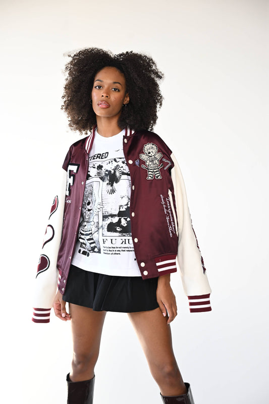 F U Kupid Black - Heartbreaker 41 Letterman Jacket - Merlot Mystique