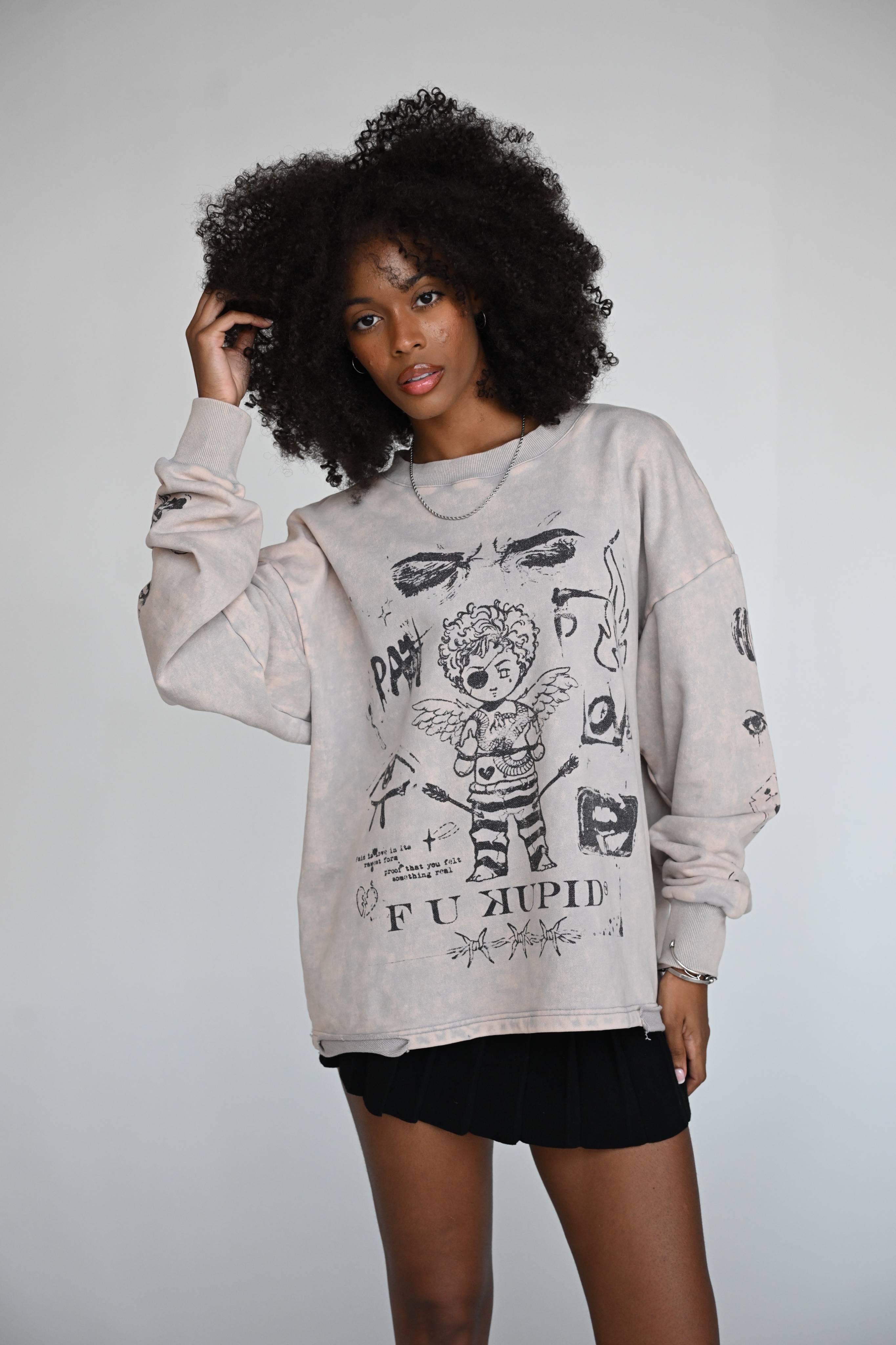 F U KUPID BLACK - Pain is Love Distressed Crewneck