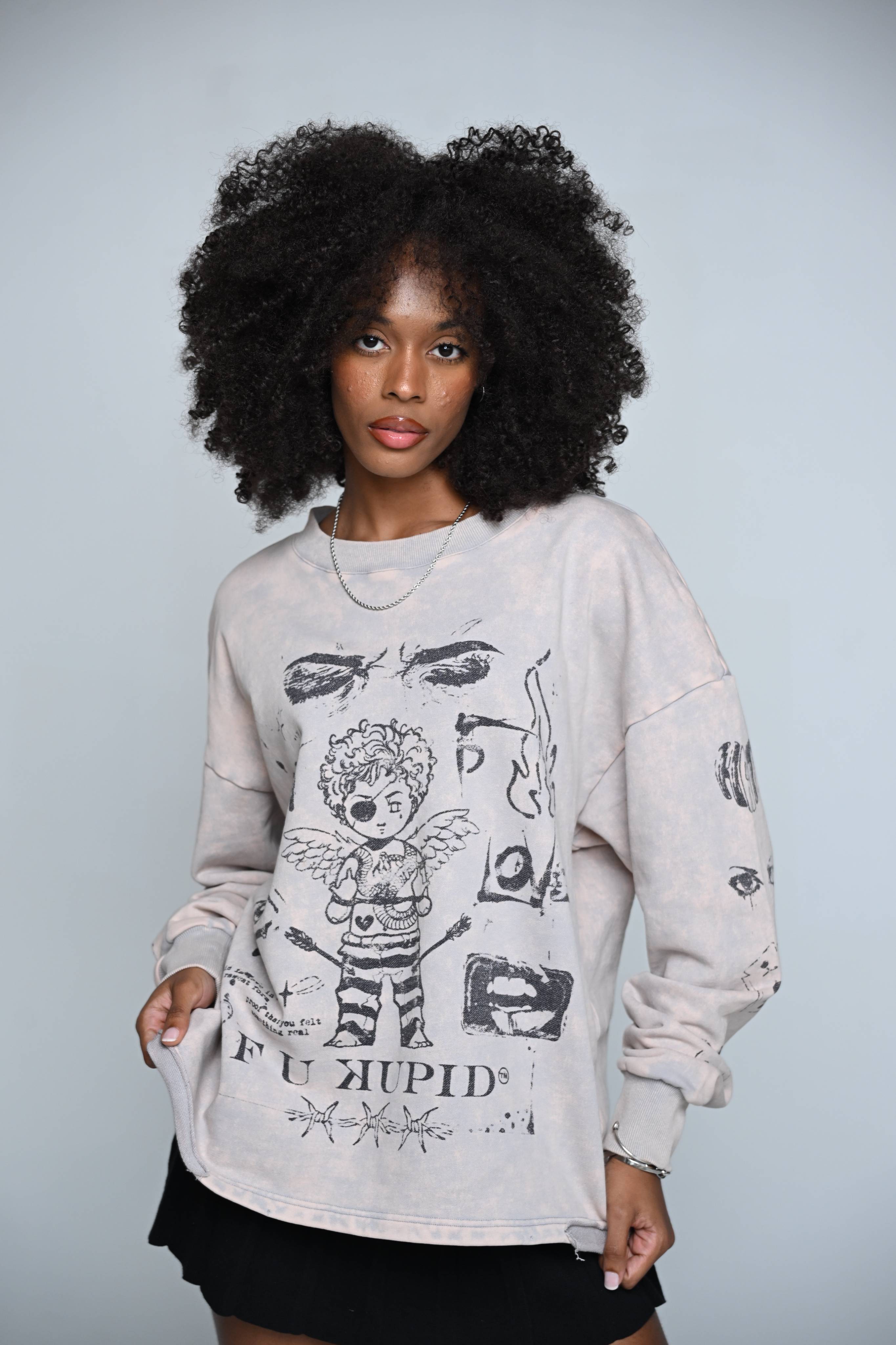 F U KUPID BLACK - Pain is Love Distressed Crewneck