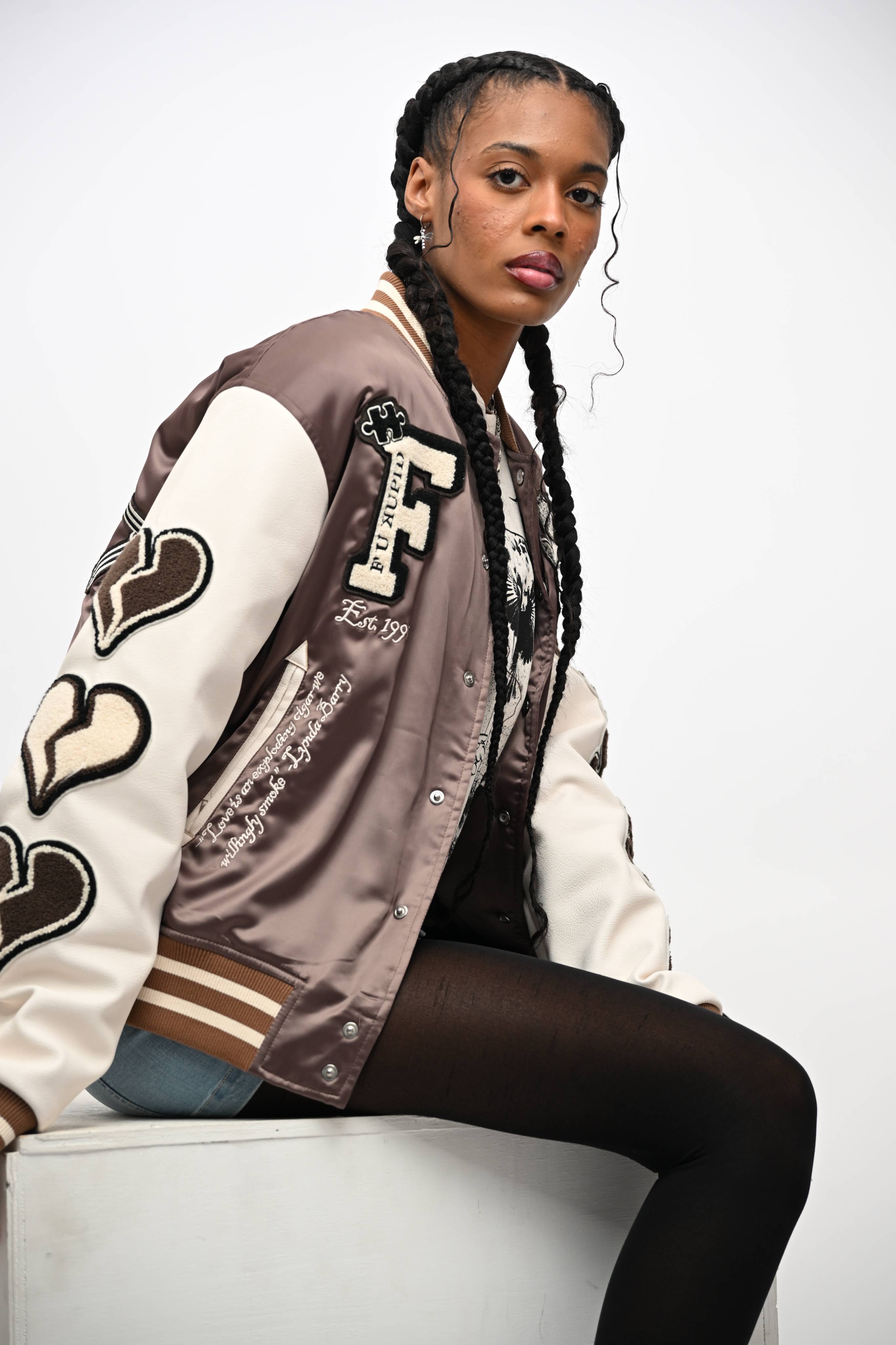 F U Kupid Black - Heartbreaker 41 Letterman Jacket - Toasted Almond