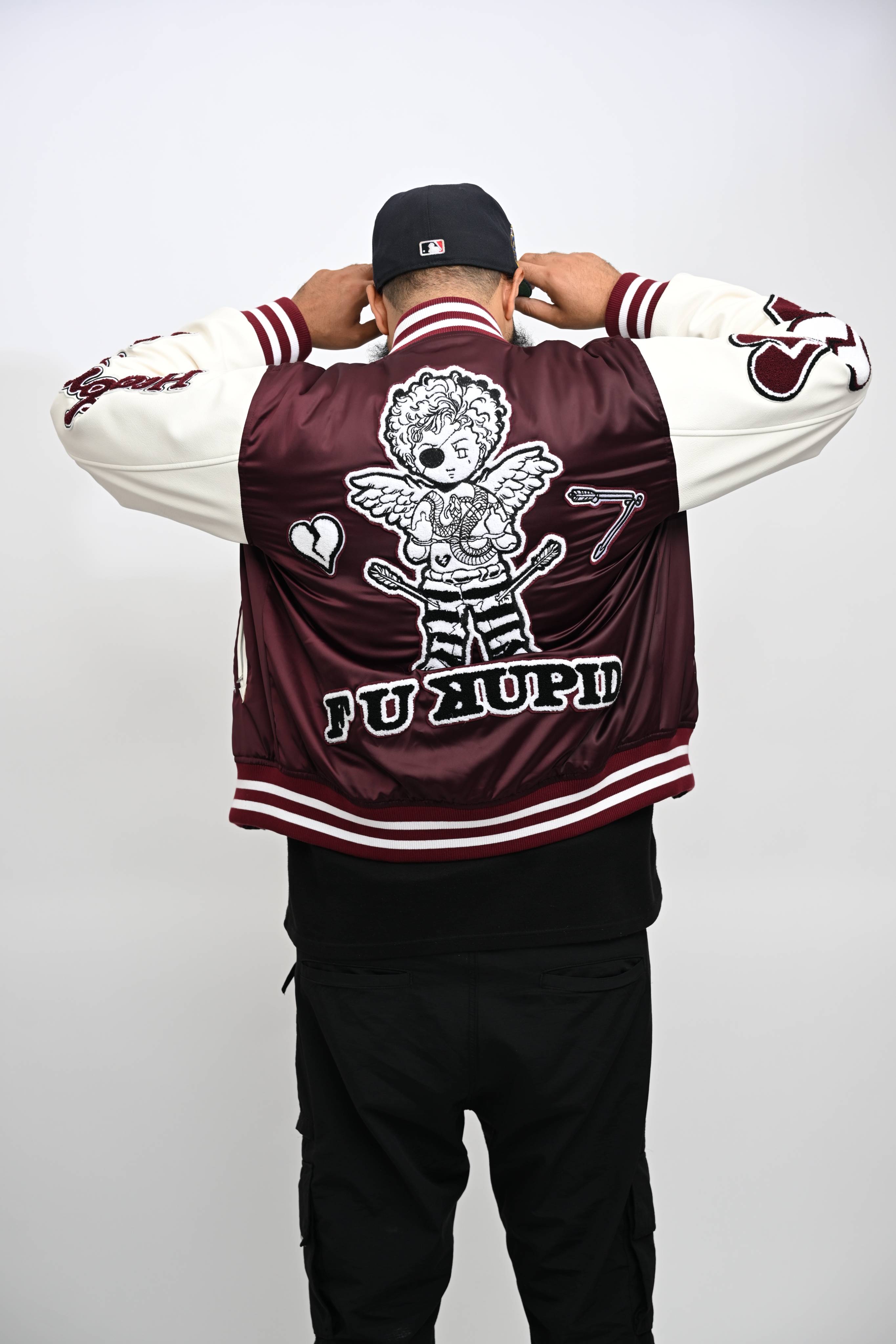 F U Kupid Black - Heartbreaker 41 Letterman Jacket - Merlot Mystique
