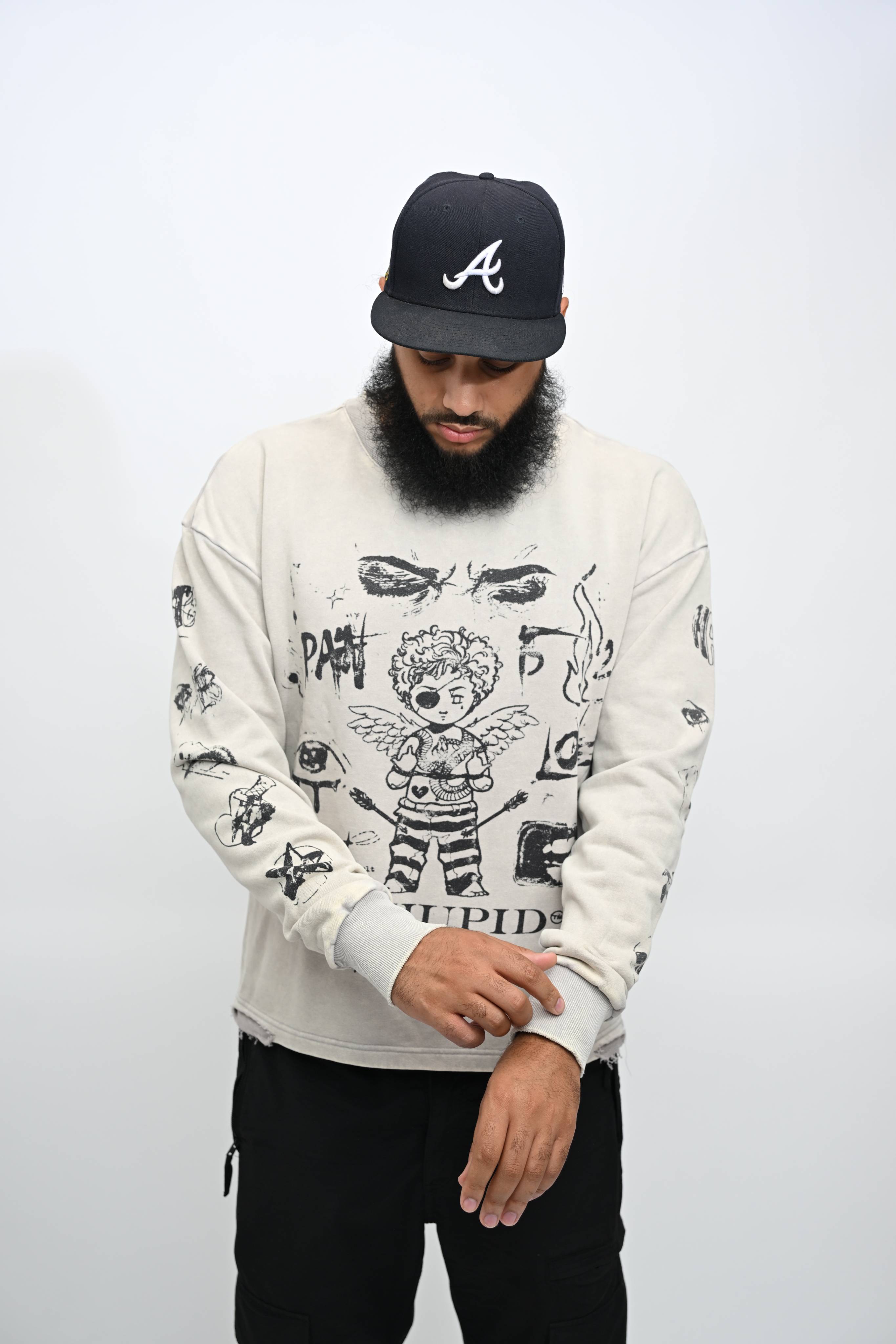 F U KUPID BLACK - Pain is Love Distressed Crewneck