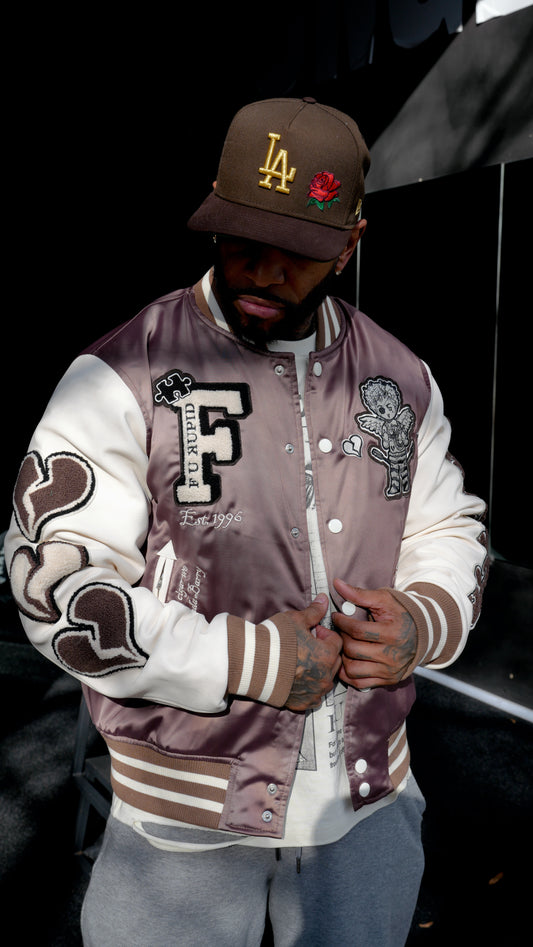 F U Kupid Black - Heartbreaker 41 Letterman Jacket - Toasted Almond